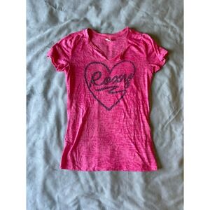 Roxy Hot Pink Burnout Graphic Heart V-Neck T-Shirt Small
